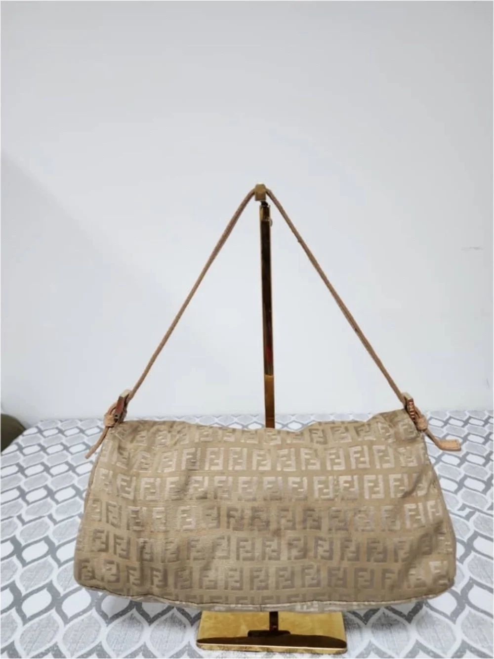 Authentic FENDI Metallic Zucchino Canvas Baguette Bag Gold/Beige